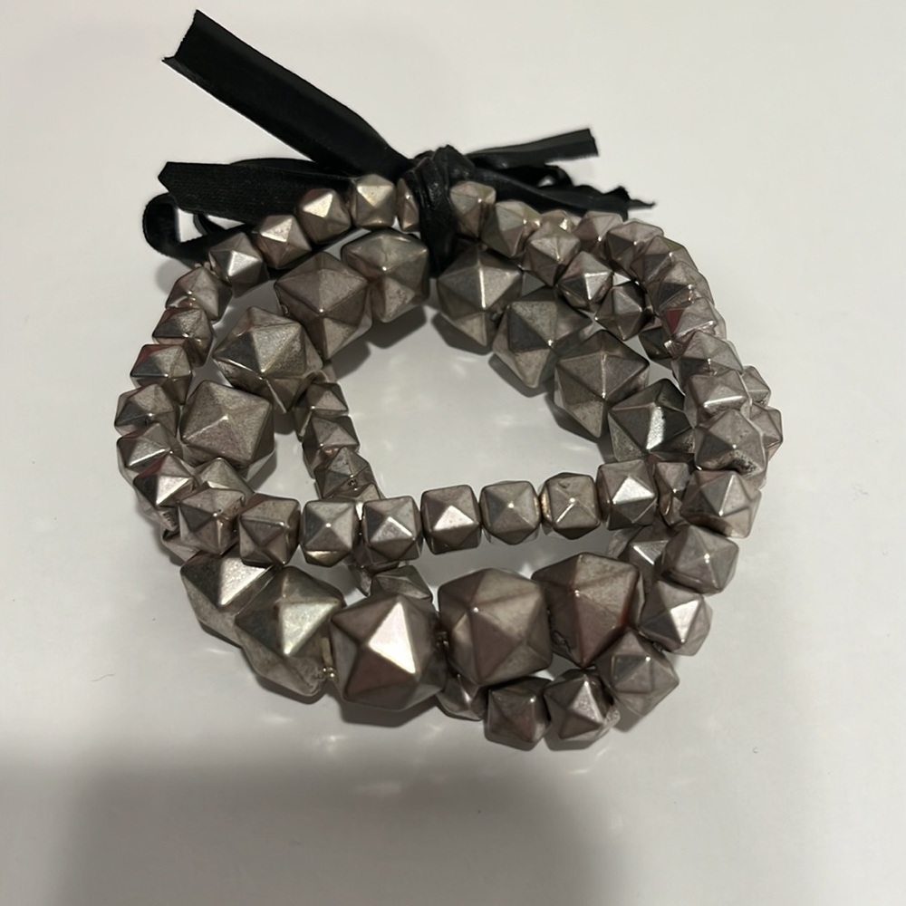 Bracelet Bundle of 3 silver beads with black tie ribbon bow detail